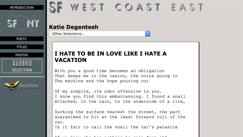 gallery image of NY/SF Poetry Collection: I Hate to be in Love Like I Hate a Vacation