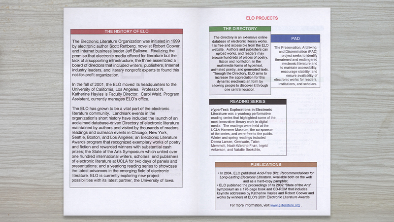 gallery image of Electronic Literature Organization Pamphlet ca. 2005