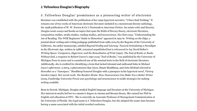 gallery image of Rebooting Electronic Literature, Volume 1 Chapter 4: J. Yellowlees Douglas' 