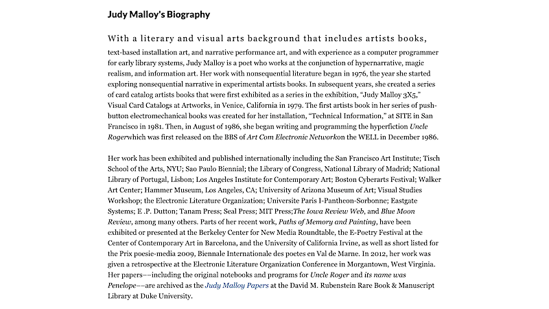 gallery image of Rebooting Electronic Literature, Volume 1 Chapter 7: Judy Malloy's 