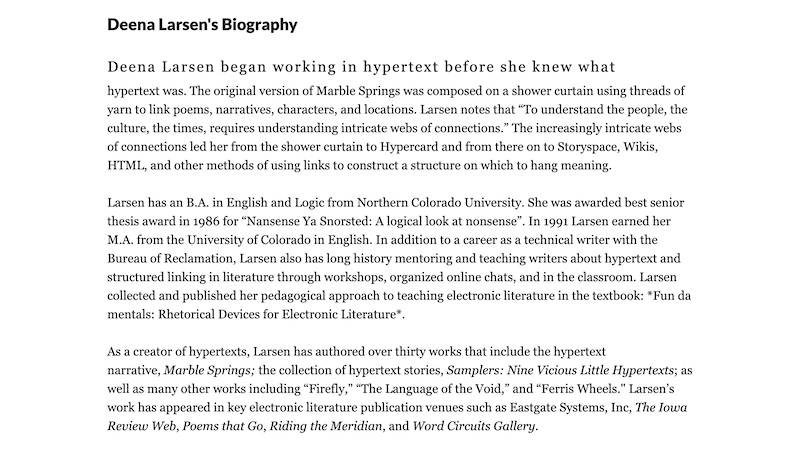 gallery image of Rebooting Electronic Literature, Volume 2 Chapter 3: Deena Larsen's 