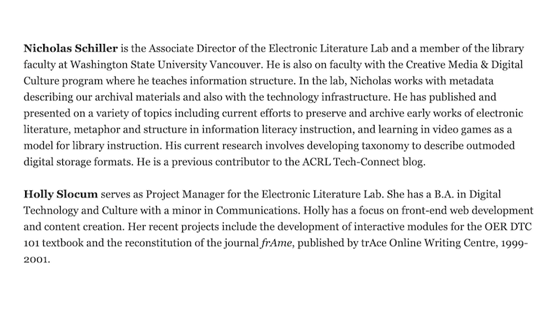 gallery image of Rebooting Electronic Literature, Volume 2 Chapter 7: Authors' and Contributors' Bios