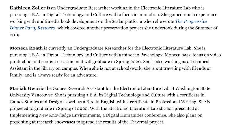 gallery image of Rebooting Electronic Literature, Volume 2 Chapter 7: Authors' and Contributors' Bios