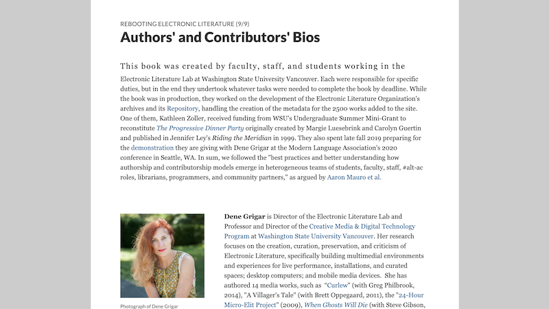 gallery image of Rebooting Electronic Literature, Volume 3 Chapter 7: Authors' and Contributors' Bios