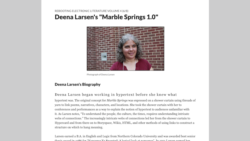 gallery image of Rebooting Electronic Literature, Volume 4 Chapter 4: Deena Larsen's 