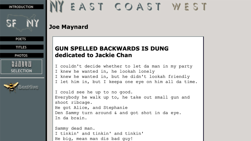 gallery image of NY/SF Poetry Collection: Gun Spelled Backwards is Dung (dedicated to Jackie Chan)